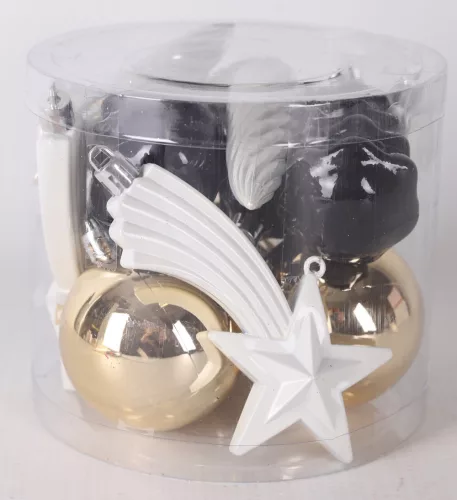 KARÁCSONYIDÍSZ VEGYESDÍSZ SZETT PVC DOBOZBAN, 12 DARABOS, FEKETE-FEHÉR-ARANY