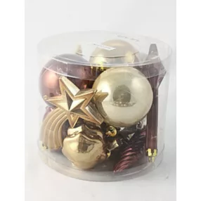   KARÁCSONYI DÍSZ VEGYESDÍSZ SZETT PVC DOBOZBAN, 12 DARABOS, PATINA