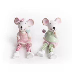   KERÁMIA EGÉR, PÖTTYÖS RUHÁBAN, LÓGÓLÁBÚ, ZÖLD VAGY RÓZSASZÍN