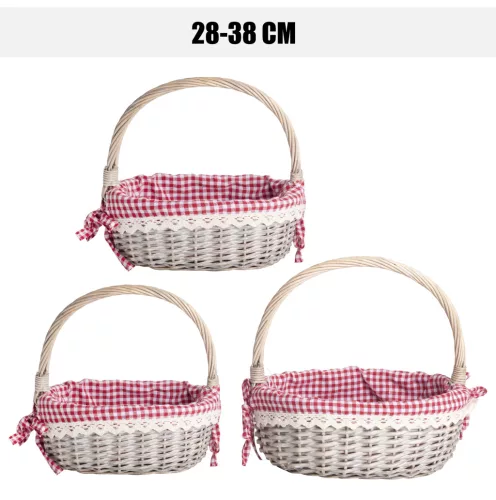 KOSÁR, SZETTBEN, 3 DARABOS, OVÁLIS ALAKÚ, FÜLLEL, TEXTIL BÉLÉSSEL, PIROS KOCKÁS