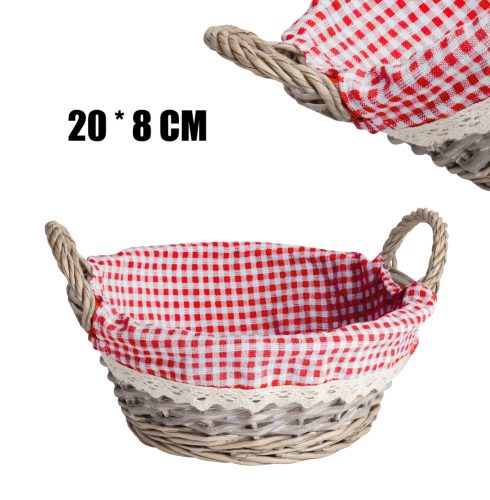 KOSÁR, KÖR ALAKÚ, 2 FÜLLEL, TEXTIL BÉLÉSSEL, PIROS/FEHÉR KOCKÁS