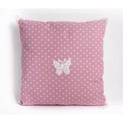   TEXTIL PÁRNAHUZAT, PÖTTYÖS, HÍMZETT LEPKÉVEL, RÓZSASZÍN