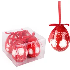   MŰANYAG AKASZTÓS TOJÁS SZETTBEN, 4 DARABOS, PLEXI DOBOZBAN, PIROS ALAPON FEHÉR VIRÁGOS