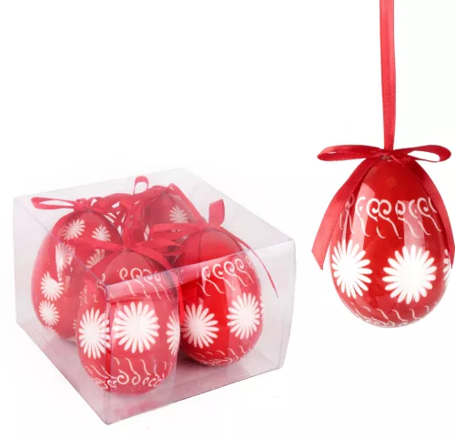 MŰANYAG AKASZTÓS TOJÁS SZETTBEN, 4 DARABOS, PLEXI DOBOZBAN, PIROS ALAPON FEHÉR VIRÁGOS