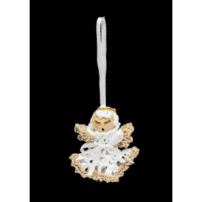 DEKOR AKASZTÓS HORGOLT DÍSZ, ANGYAL, FEHÉR-ARANY