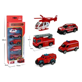 FÉM TŰZOLTÓ JÁRMŰVEK, SZETTBEN, 5 DARAB, PIROS, 1:64