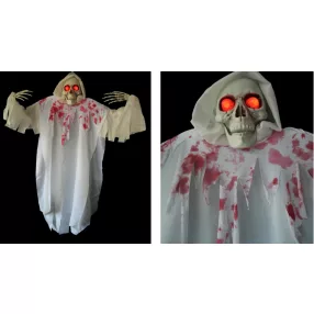   HALLOWEENI FÜGGŐ DEKORÁCIÓ, CSONTVÁZ, VÉRES, HANGGAL, VILÁGÍTÁSSAL, FEHÉR