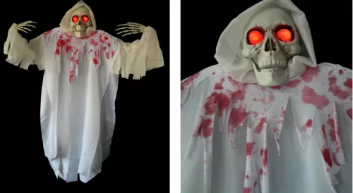 HALLOWEENI FÜGGŐ DEKORÁCIÓ, CSONTVÁZ, VÉRES, HANGGAL, VILÁGÍTÁSSAL, FEHÉR