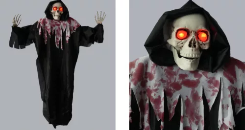 HALLOWEENI FÜGGŐ DEKORÁCIÓ, CSONTVÁZ, VÉRES, HANGGAL, VILÁGÍTÁSSAL, FEKETE