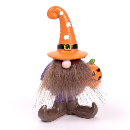 POLIREZIN ORRSZAKÁLL, ÁLLÓ, HALLOWEEN TÖKKEL, NARANCSSÁRGA SAPKÁBAN, LILA RUHA