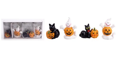 POLIREZIN HALLOWEEN FIGURÁK, 4 DARABOS SZETT, TÖKÖS, MACSKÁS, SZELLEMES,