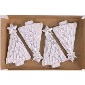   POLIREZIN FENYŐFA CSILLAGGAL, SZETTBEN, 4 DARABOS, FEHÉR ÉS EZÜST