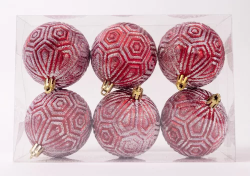 KARÁCSONYI DÍSZ GÖMB RUSZTIKUS, SZETTBEN, PVC DOBOZBAN, 6 DARABOS, PIROS