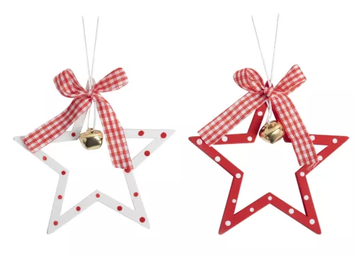 DEKOR FA AKASZTÓS CSILLAG, MASNIVAL, CSENGŐVEL, PIROS/FEHÉR PÖTTYÖS