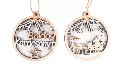 FA AKASZTÓS KÖRBEN BOLDOG KARÁCSONYT FELIRAT VAGY MIKULÁS SZÁNON, NATÚR ÉS FEHÉR