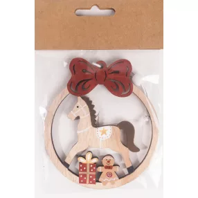   FA AKASZTÓS GÖMBDÍSZ, HINTALÓVAL, AJÁNDÉKKAL, NATÚR ÉS PIROS