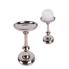 ALUMÍNIUM GYERTYATARTÓ, TALPAS, KELYHES, FÉNYES EZÜST