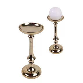 ALUMÍNIUM GYERTYATARTÓ, TALPAS, KELYHES, ANTIK ARANY