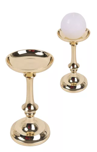 ALUMÍNIUM GYERTYATARTÓ, TALPAS, KELYHES, FÉNYES ARANY