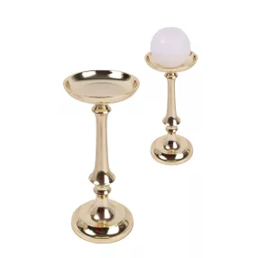 ALUMÍNIUM GYERTYATARTÓ, TALPAS, KELYHES, FÉNYES ARANY