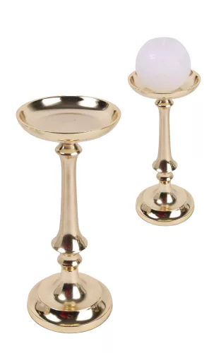 ALUMÍNIUM GYERTYATARTÓ, TALPAS, KELYHES, FÉNYES ARANY