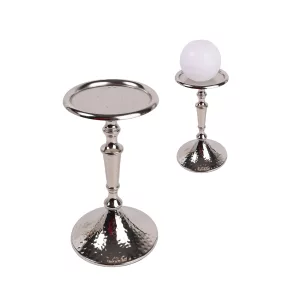 ALUMÍNIUM GYERTYATARTÓ, TALPAS, KALAPÁLT, FÉNYES EZÜST