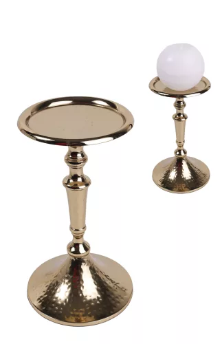 ALUMÍNIUM GYERTYATARTÓ, TALPAS, KALAPÁLT, ANTIK ARANY