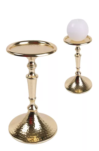 ALUMÍNIUM GYERTYATARTÓ, TALPAS, KALAPÁLT, FÉNYES ARANY