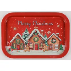   BÁDOG TÁLCA TÉGLALAP ALAKÚ, MÉZESKALÁCS HÁZAK, MERRY CHRISTMAS FELIRAT, PIROS ÉS FEHÉR