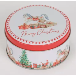   BÁDOG DOBOZ KEREK, HINTALÓ AJÁNDÉKOKKAL, MERRY CHRISTMAS FELIRAT, PIROS ÉS FEHÉR