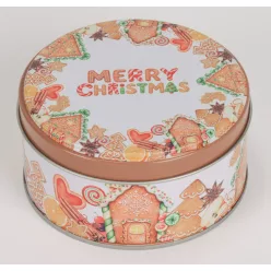   BÁDOG DOBOZ KEREK, MÉZESKALÁCS FIGURÁK, MERRY CHRISTMAS FELIRAT