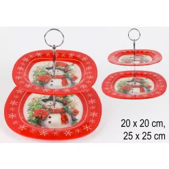   ÜVEG SÜTEMÉNY KÍNÁLÓ, 2 EMELETES, KARÁCSONYI, HÓEMBER MINTÁS, PIROS/FEHÉR