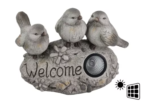 KÜLTÉRI SOLAR KŐ, MADARAKKAL, WELCOME FELIRAT, SZÜRKE