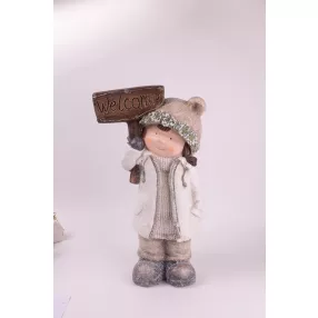   KÜLTÉRI LED GYEREK ÁLLÓ, FEHÉR KABÁTBAN,  WELCOME TÁBLÁVAL