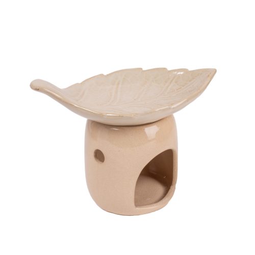 KERÁMIA OLAJMÉCSES, LEVÉL ALAKÚ TÁLKÁVAL, BEIGE