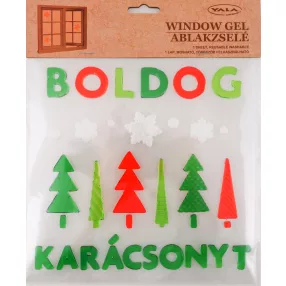   DEKOR ABLAKZSELÉ, BOLDOG KARÁCSONYT FELIRAT, FENYŐFÁK ZÖLD/PIROS