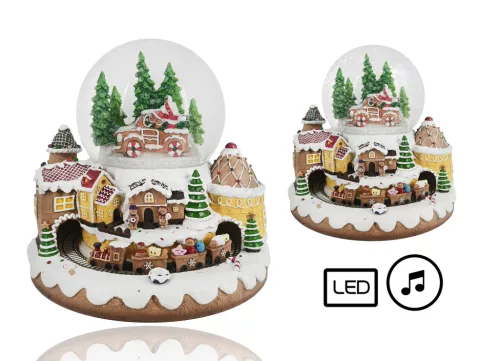 POLIREZIN HAVAZÓ GÖMB, LEDDEL ÉS ZENÉVEL, MOZGÓ VONAT, HAVAS HÁZAK