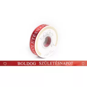   SZATÉN SZALAG, BOLDOG SZÜLETÉSNAPOT FELIRAT, PIROS ÉS FEHÉR