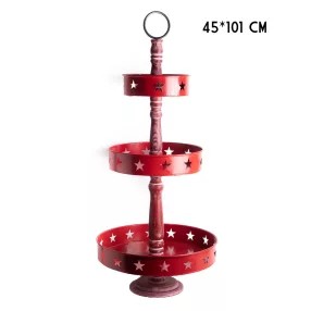 FA ÉS FÉM KÍNÁLÓ, 3 SZINTES, CSILLAG MINTÁS, PIROS
