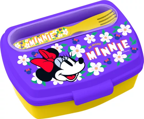 LICENCE MŰANYAG SZENDVICSTARTÓ DOBOZ, KANÁLLAL ÉS VILLÁVAL, MINNIE