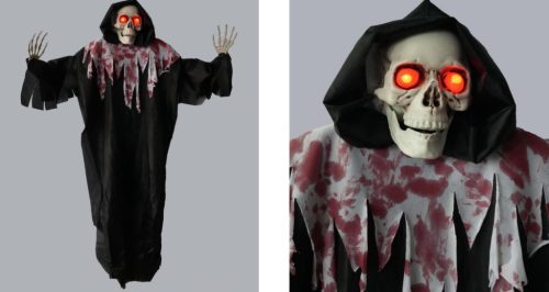 HALLOWEENI FÜGGŐ DEKORÁCIÓ, CSONTVÁZ, VÉRES, HANGGAL, VILÁGÍTÁSSAL, FEKETE
