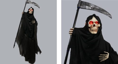 HALLOWEENI FÜGGŐ DEKORÁCIÓ, KASZÁS, HANGGAL, VILÁGÍTÓS, FEKETE
